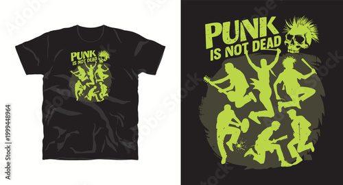 Punk is not dead t-shirt design with band silhouettes and skull.