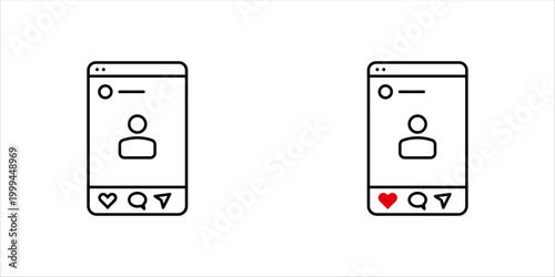 Fotografía Social media profile interface icon set with user avatar, like, comment, and share buttons in minimalist line art and red heart notification style