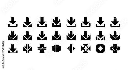 Collection of diverse download and arrow icons in a clean, modern style