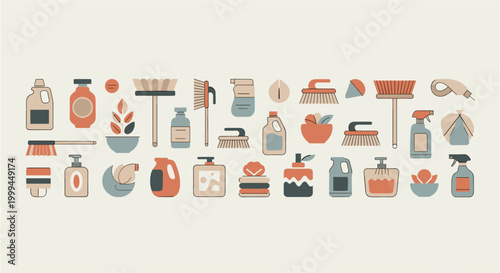 Collection of cleaning supplies and tools in a flat design style