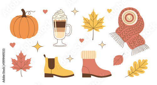 Cozy autumn elements including pumpkin, latte, scarf, and boots