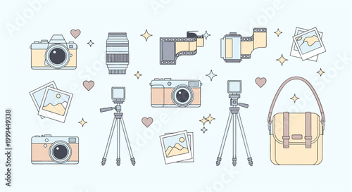 Photography icons set: camera, lens, tripod, gear, travel tools, flat design illustration