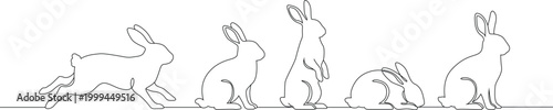 Continuous line art drawing of rabbits in various poses. Simple outline editable stroke. Hand made doodle vector illustration