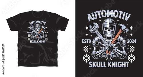 Automotiv skull knight t-shirt design with tools and armor.
