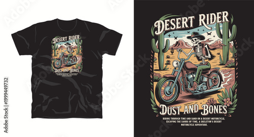 Desert rider motorcycle skeleton graphic for t-shirt design print.