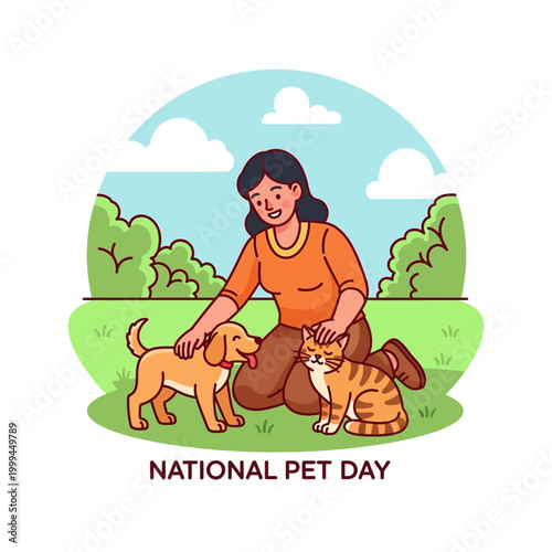 A woman happily petting her dog and cat in a park on National Pet Day.