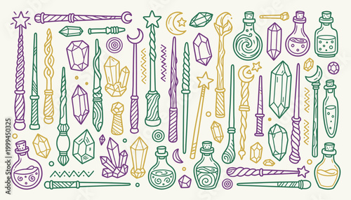 Magical alchemy doodle set featuring wands crystals and potions for mystical branding