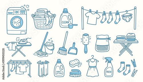 Laundry and cleaning icon set with hand drawn doodle style for domestic housework