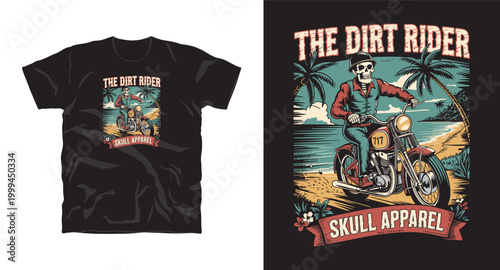 Vintage t-shirt design featuring skeleton rider on motorcycle at tropical beach for t-shirt apparel.