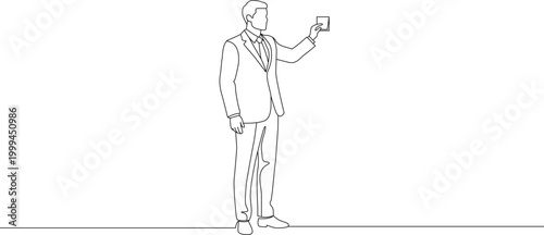 Continuous line drawing of a businessman holding a small object. Editable thin outline. Minimal line width vector illustration