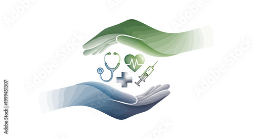 Conceptual illustration featuring two hands, one green and one blue, cradling medical symbols like a stethoscope, heart, cross, and syringe against a clean white background
