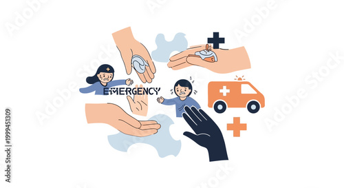 Conceptual illustration showing cartoon paramedics assisting a child in an emergency, presented with an orange ambulance, medical symbols, and supportive hands against a clean white