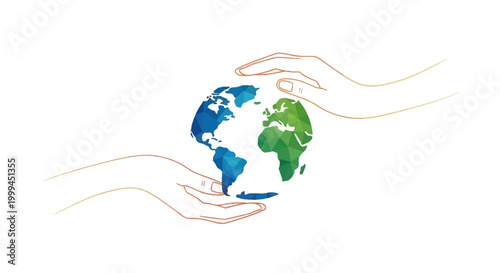 Abstract illustration of hands cradling a polygonal Earth, showcasing a commitment to environmental protection against a clean white backdrop, rendered in a minimalist style with cool blue