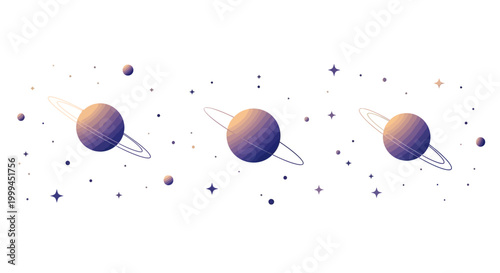 A vector illustration for stars war day featuring three purple planets with rings floating amidst a field of stars, presented in a minimalist style with a gradient background