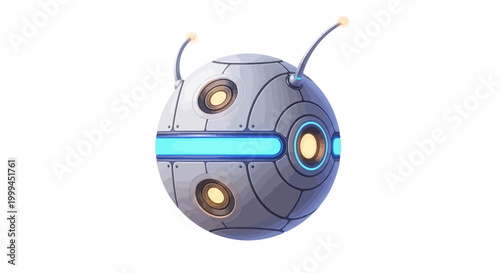 Isolated on white is a spherical robot from stars war day with metallic panels and glowing lights, its design featuring antenna-like protrusions, showcasing a futuristic and imaginative