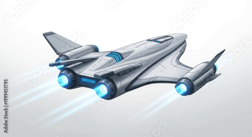 A sleek, futuristic spaceship, reminiscent of stars war day, soars through the sky with glowing blue engines, presented against a clean white background in a digitally rendered