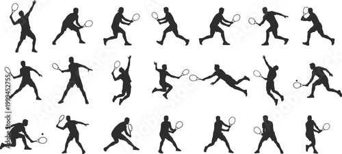 Tennis player silhouettes collection with various racket action poses, dynamic movement and sports activity figures for fitness design
