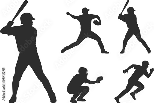 Baseball player silhouettes collection with batting, pitching, catching and running poses for sports design, athletic illustration and competition concepts