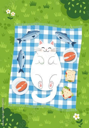 cute cat picnic top view with fish food on blanket summer lifestyle illustration