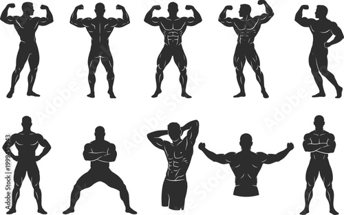 Bodybuilder silhouette collection with muscular poses, flexing arms and strong physique figures for fitness, gym and bodybuilding design concepts