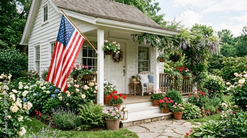 Charming cottage with an American Flag in a beautiful garden setting.