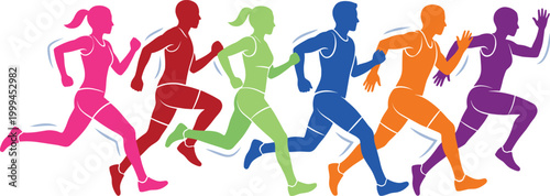 Colorful running athletes illustration with dynamic motion silhouettes, fitness activity concept and energetic sport lifestyle design for competition and training