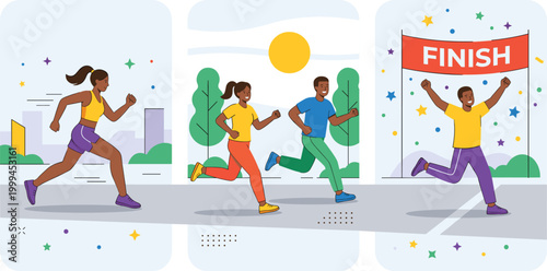 Marathon race illustration set with runners, finish line celebration and urban outdoor scenes for fitness competition and active lifestyle design