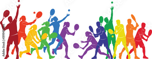 Large collection of colorful tennis player silhouettes featuring diverse athletes in action poses including serves and backhands isolated on white.