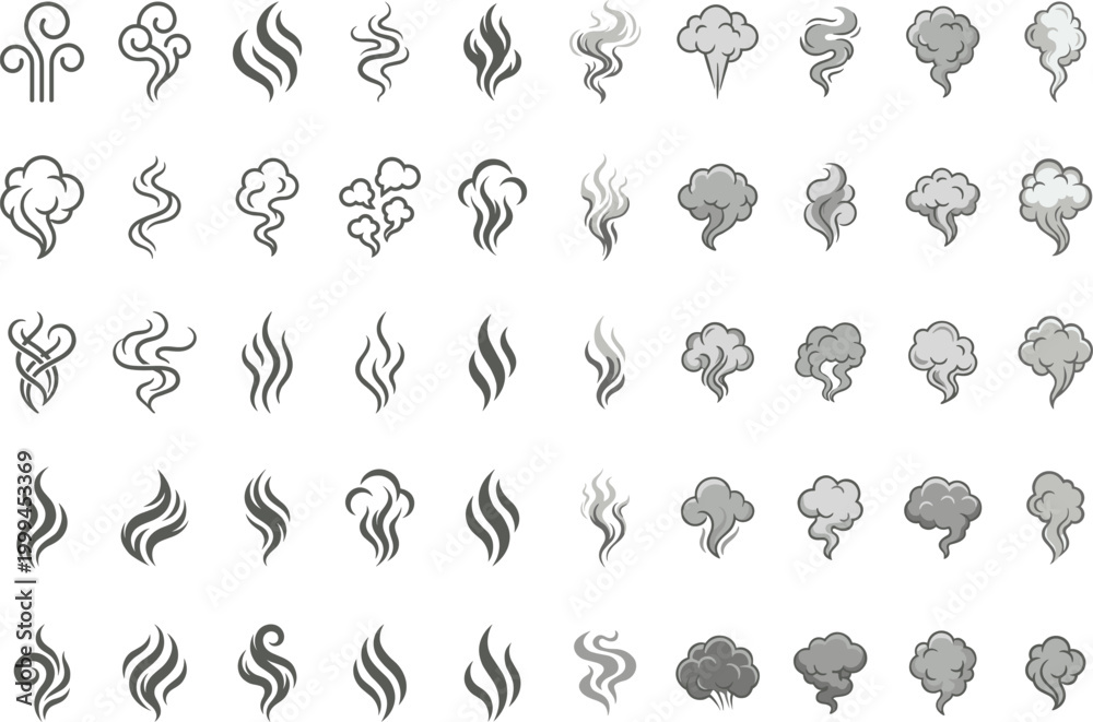 Fototapeta premium Smoke and steam swirl shapes collection with abstract vapor elements, fog clouds and decorative mist icons for creative design projects