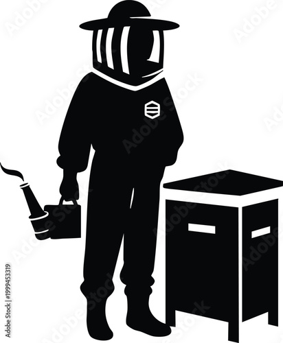 Beekeeper in protective suit with smoker and hive flat vector illustration for apiary and agriculture concepts