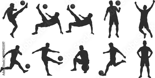 Soccer player silhouettes collection with dribbling, kicking, juggling and freestyle action poses for football sports design and competition concepts