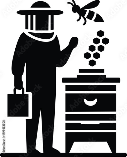 Beekeeper in protective suit tending to a beehive with honeycomb and bee flat vector illustration for agriculture and apiary concepts