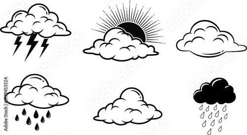 Weather icons set black and white line drawing style
