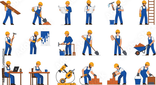 Construction Workers Set with Tools and Building Activities in Flat Style, Builders Digging, Painting, Cutting, Carrying Materials and Working on Site Vector Illustration