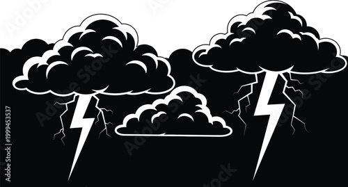 Storm clouds with lightning bolts black and white silhouette