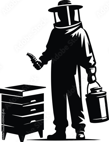 Professional beekeeper in protective gear standing next to a hive vector illustration on white backgorund