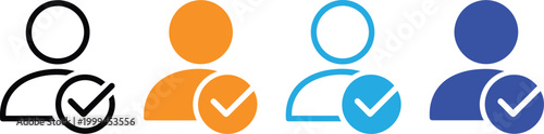 Verified user profile with checkmark icon set, approved account symbol, vector illustration