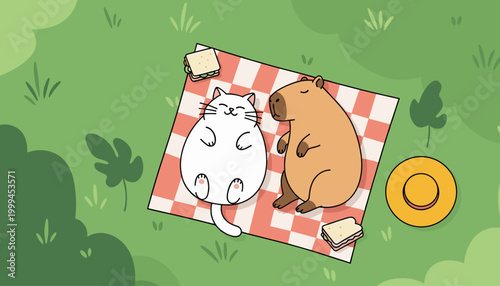 cute cat and capybara relaxing on picnic blanket in park