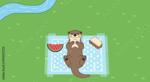 cute otter having picnic on blanket in summer park