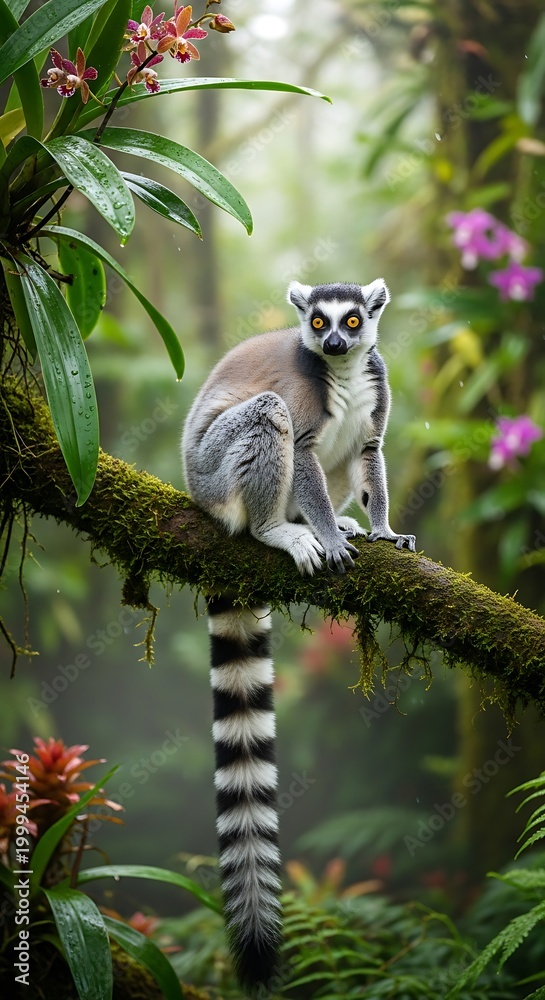 Obraz premium Ring-tailed lemur perched on a branch in a lush rainforest.