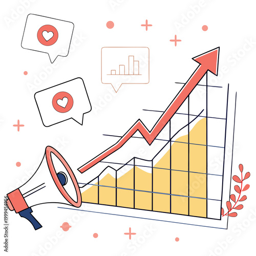 Social media growth chart with megaphone and speech bubbles graph