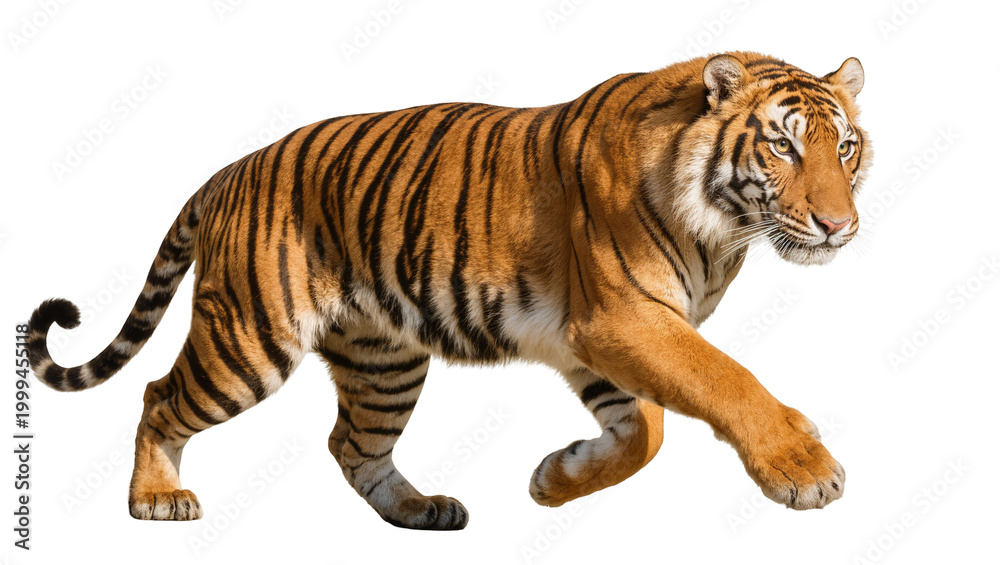 Obraz premium Orange Striped Bengal Tiger Walking with Curled Tail
