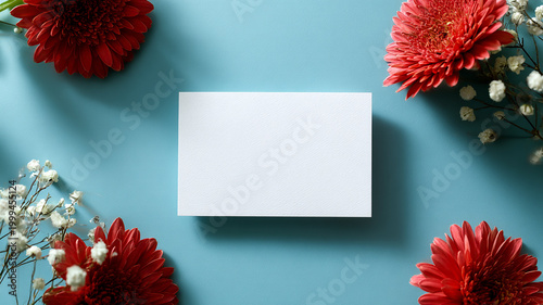 Blank White Card Mockup with Red Gerbera Flowers on Blue Background made with generative AI