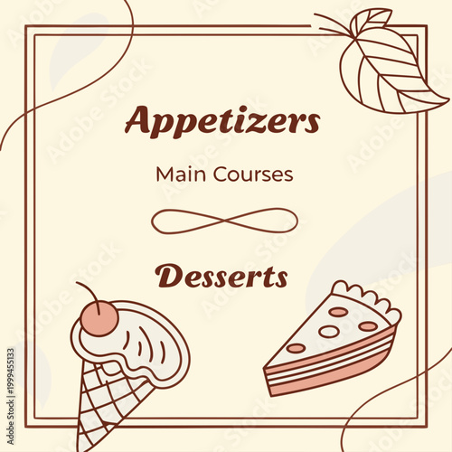 Menu sections with appetizers, main courses, desserts
