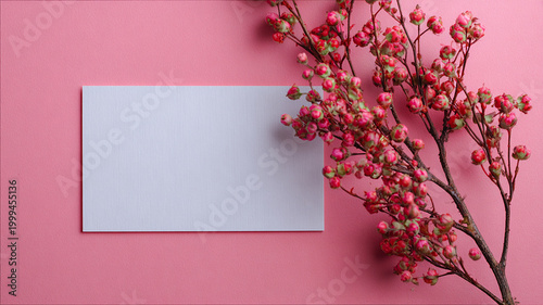 Blank Card Mockup with Pink Flowers on Pink Background made with generative AI