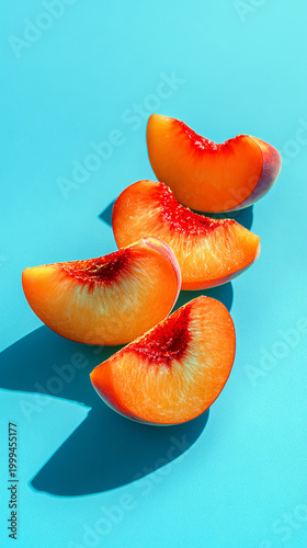 Fresh Peach Slices on Blue Background – Vibrant Summer Fruit Minimal Concept made with generative AI