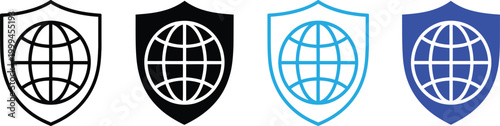Global security shield with globe icon set, internet protection symbol, vector illustration