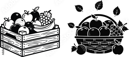 Vintage fruit harvest illustration wooden crate and wicker basket overflowing with produce