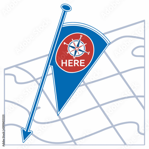 Bild auf Leinwand Blue flag with compass and here text on a map navigation direction