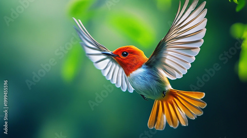 Beautiful robin bird in flight in lush jungle, wildlife nature photography  made with generative AI